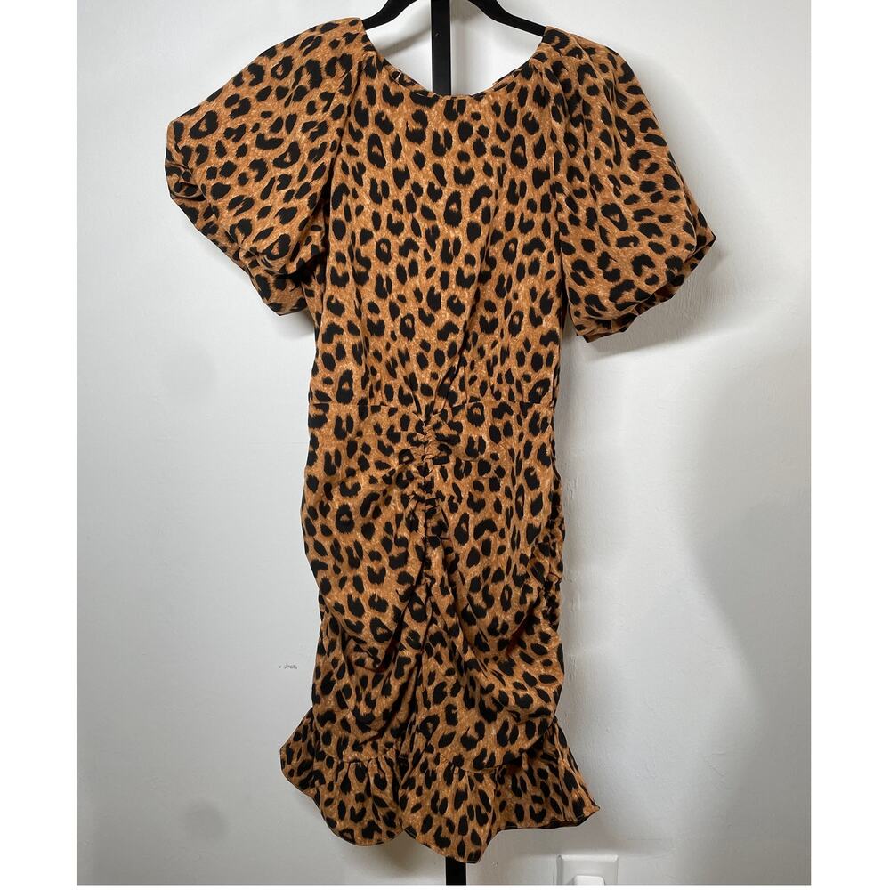 HARPER Women's Leopard Ruched Mini Dress Size Medium Brown Elastic Sleeves NEW